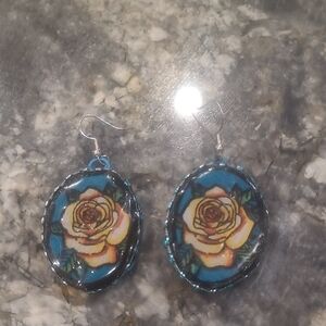 Vintage Blue and Gold Dangle Earrings with Rose Motif